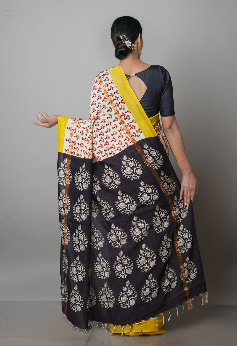 Cream-Red Pure  Preet Bagru Chanderi Sico Saree-UNM69982