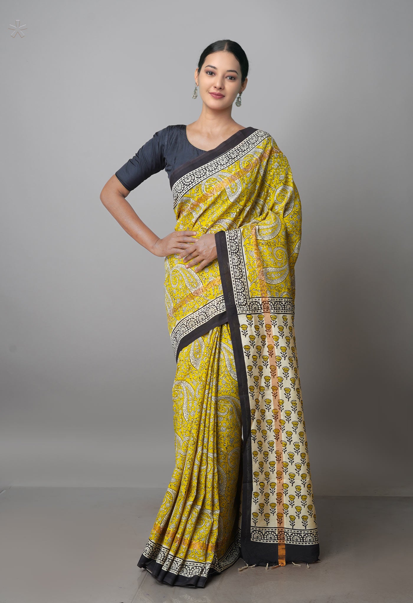 Yellow-Cream Pure  Preet Bagru Chanderi Sico Saree-UNM69983