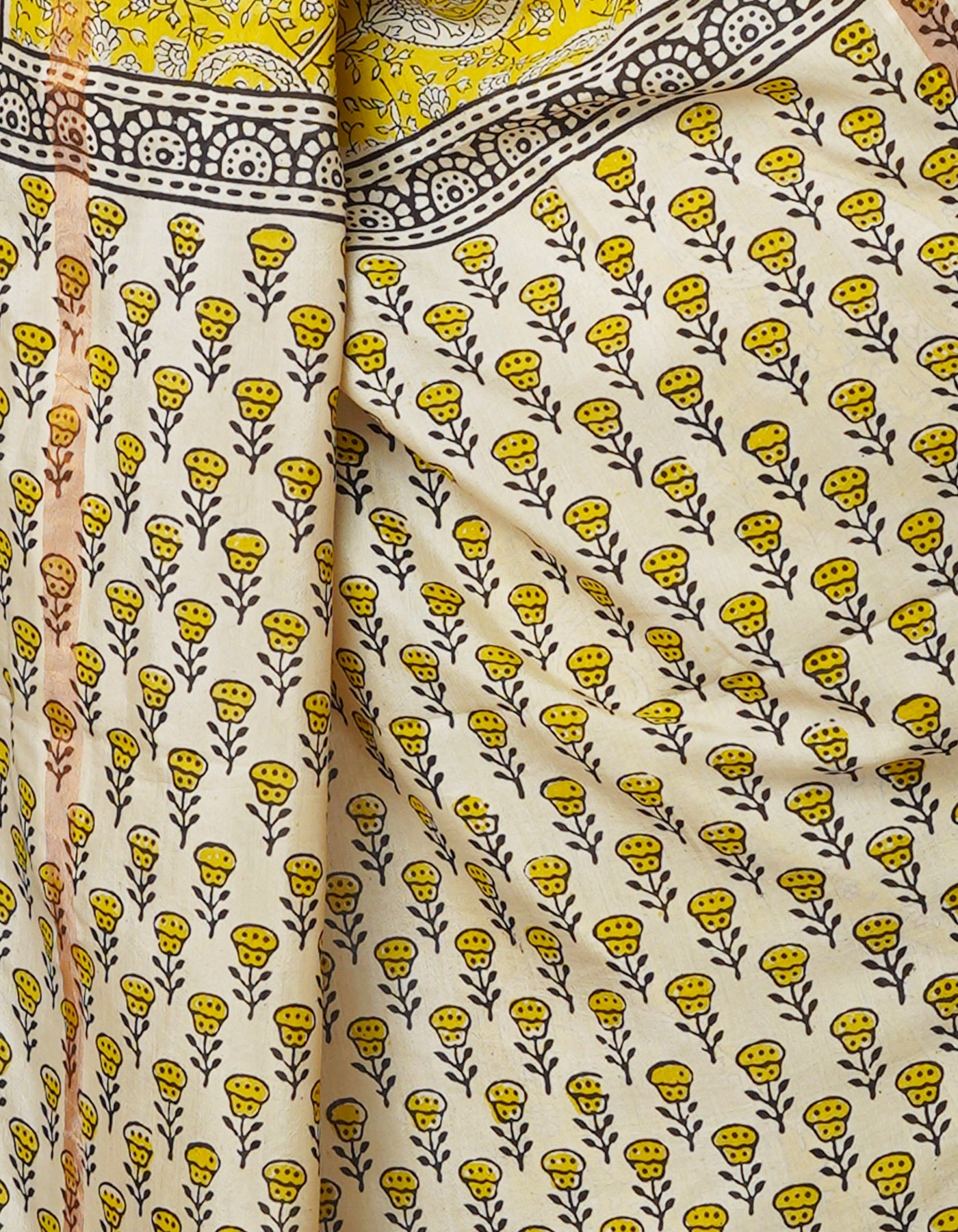 Yellow-Cream Pure  Preet Bagru Chanderi Sico Saree-UNM69983