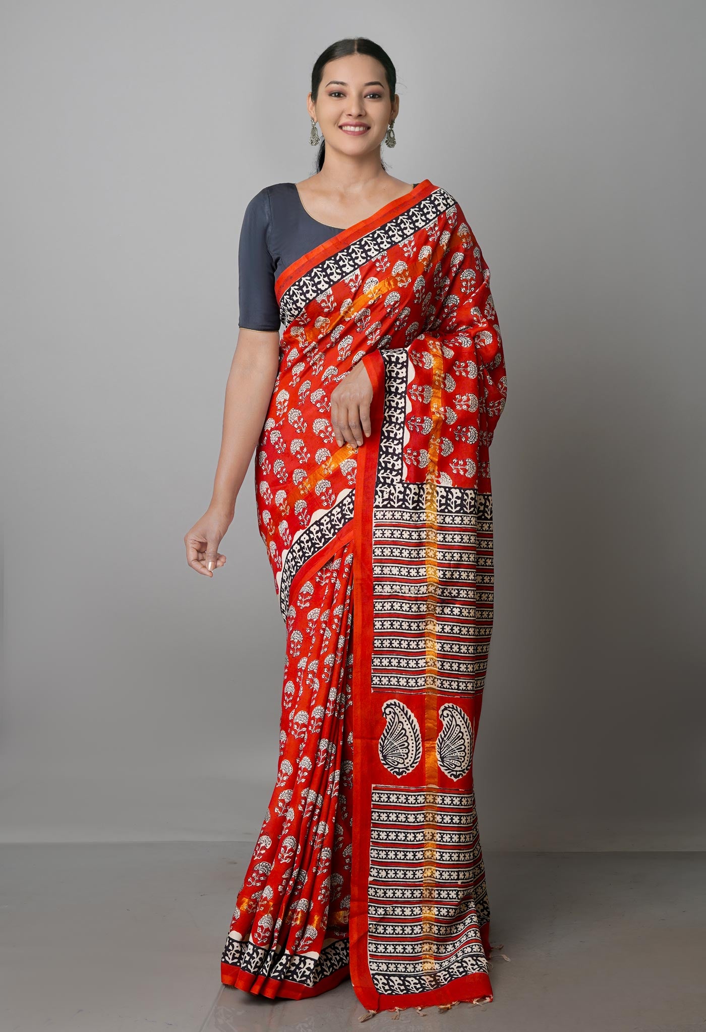 Red-Cream Pure  Preet Bagru Chanderi Sico Saree-UNM69984