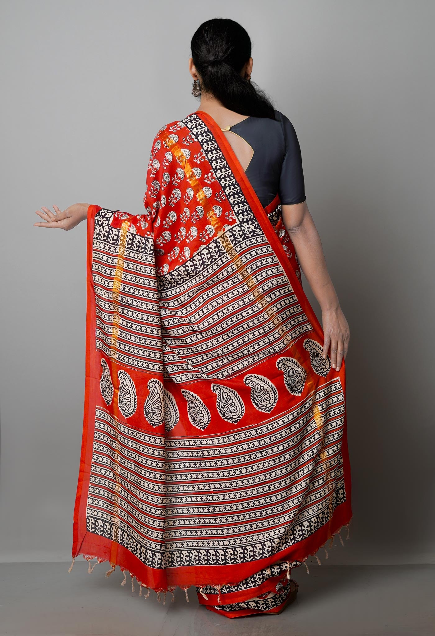 Red-Cream Pure  Preet Bagru Chanderi Sico Saree-UNM69984