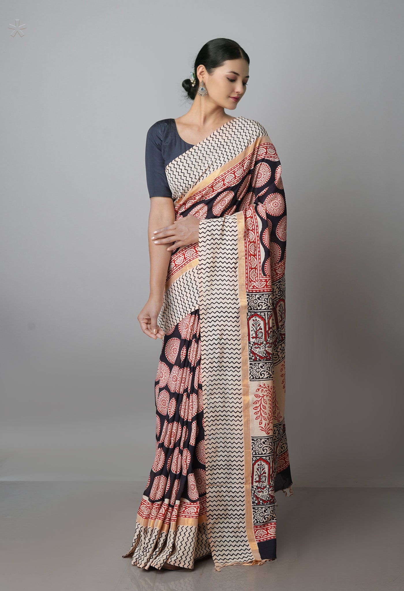Black-Cream Pure  Preet Bagru Chanderi Sico Saree-UNM69985