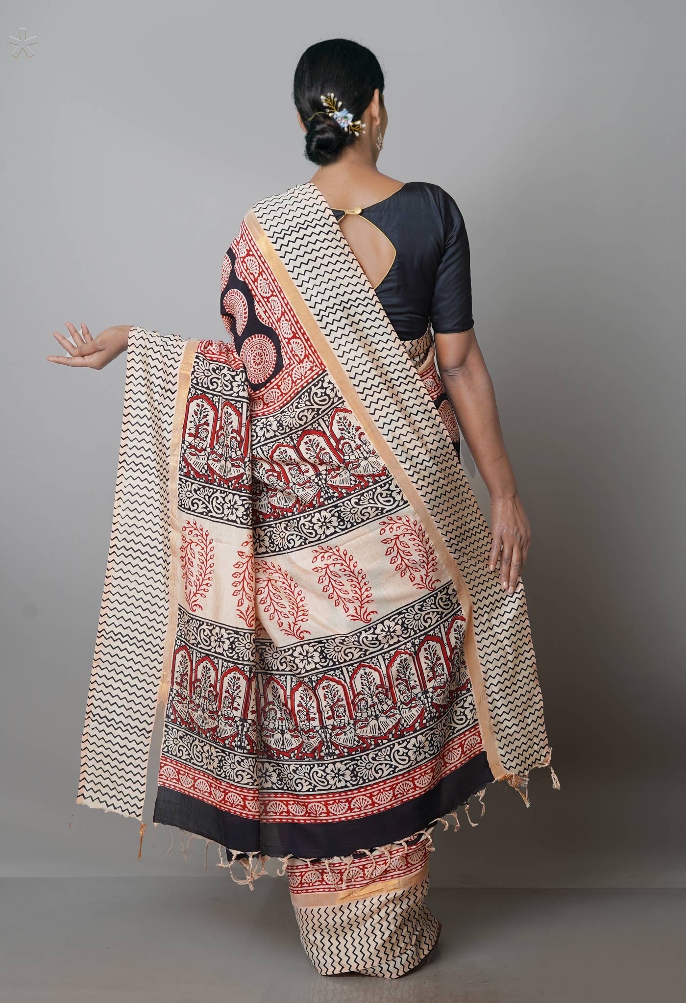 Black-Cream Pure  Preet Bagru Chanderi Sico Saree-UNM69985
