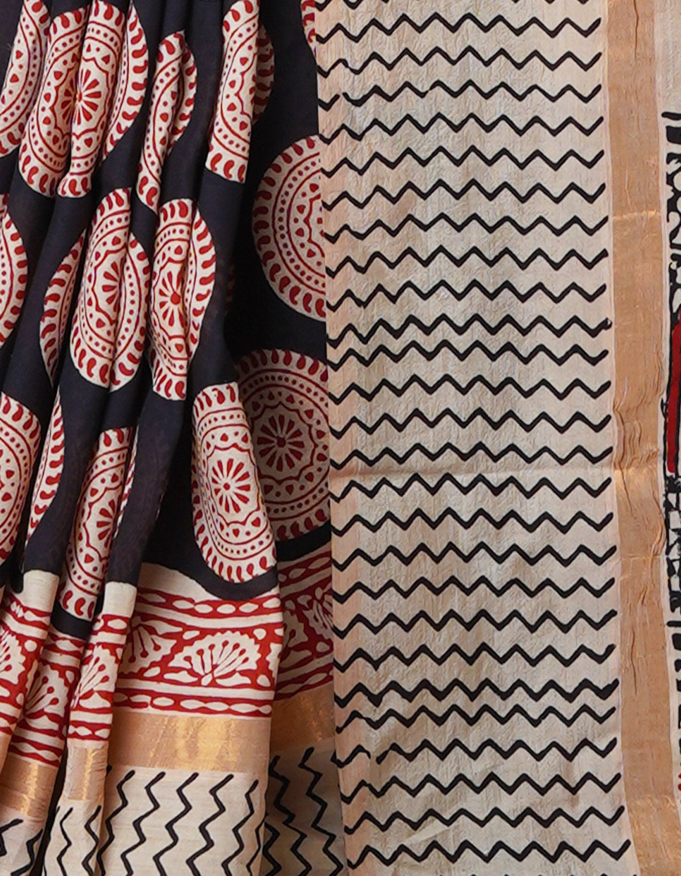Black-Cream Pure  Preet Bagru Chanderi Sico Saree-UNM69985