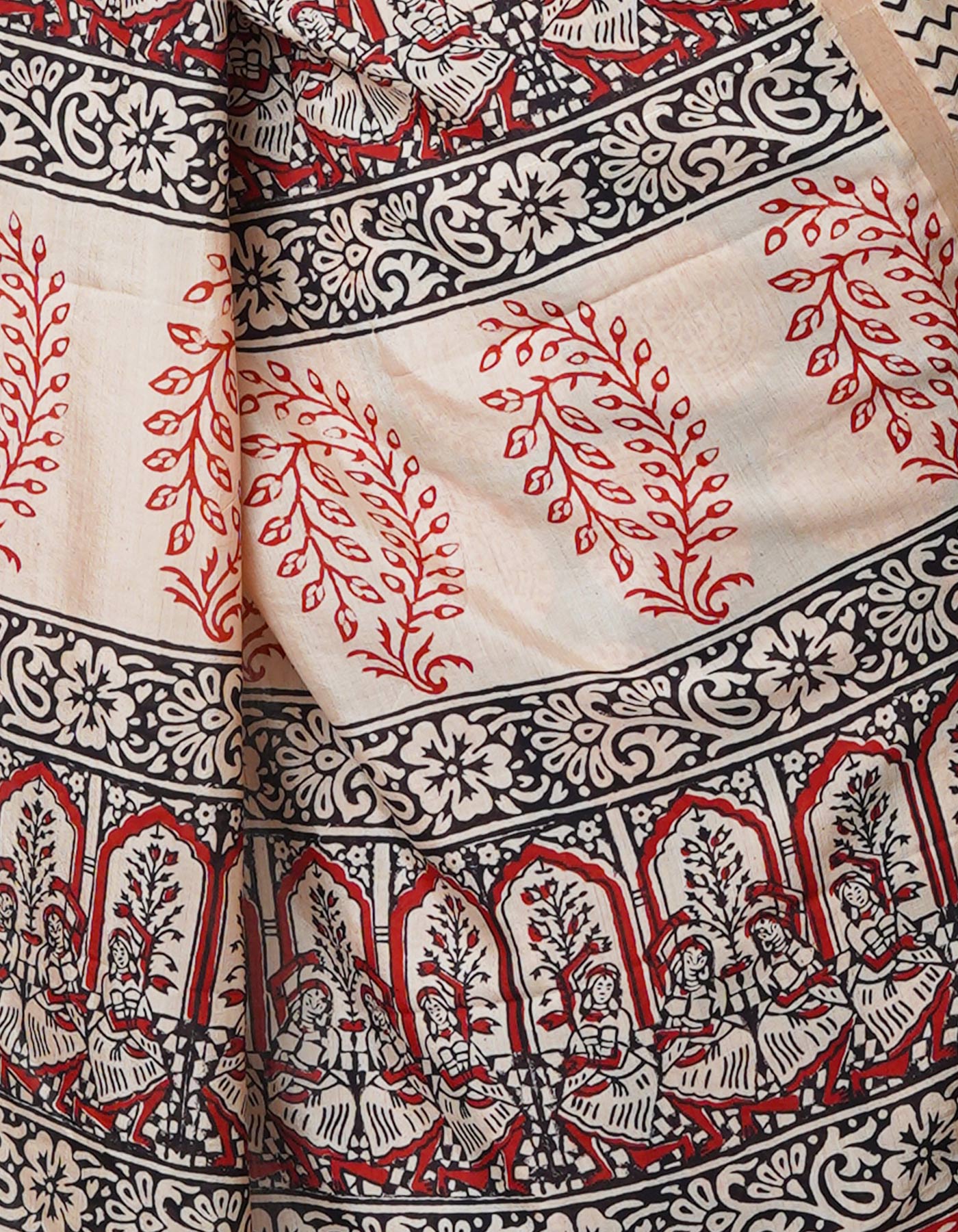 Black-Cream Pure  Preet Bagru Chanderi Sico Saree-UNM69985