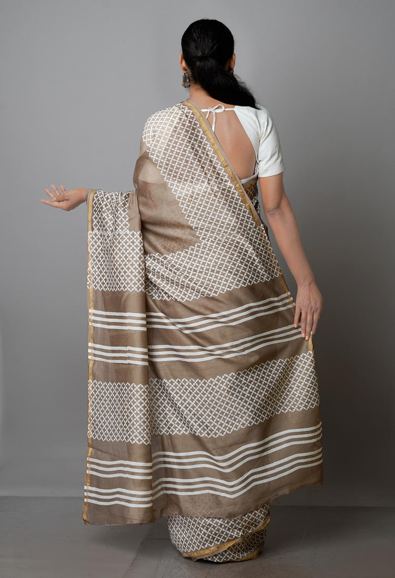 Pale Brown Pure  Block Printed Chanderi Sico Saree-UNM69987