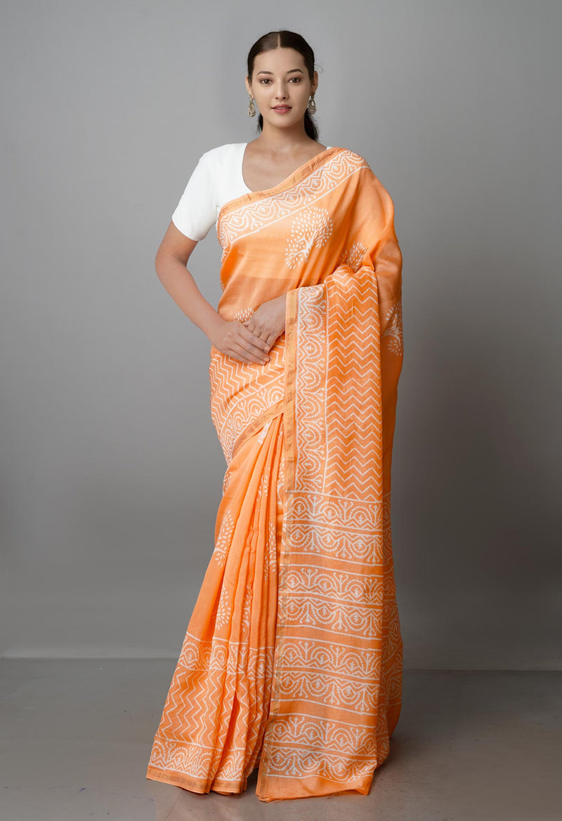Peach-Orange Pure  Block Printed Chanderi Sico Saree-UNM69988