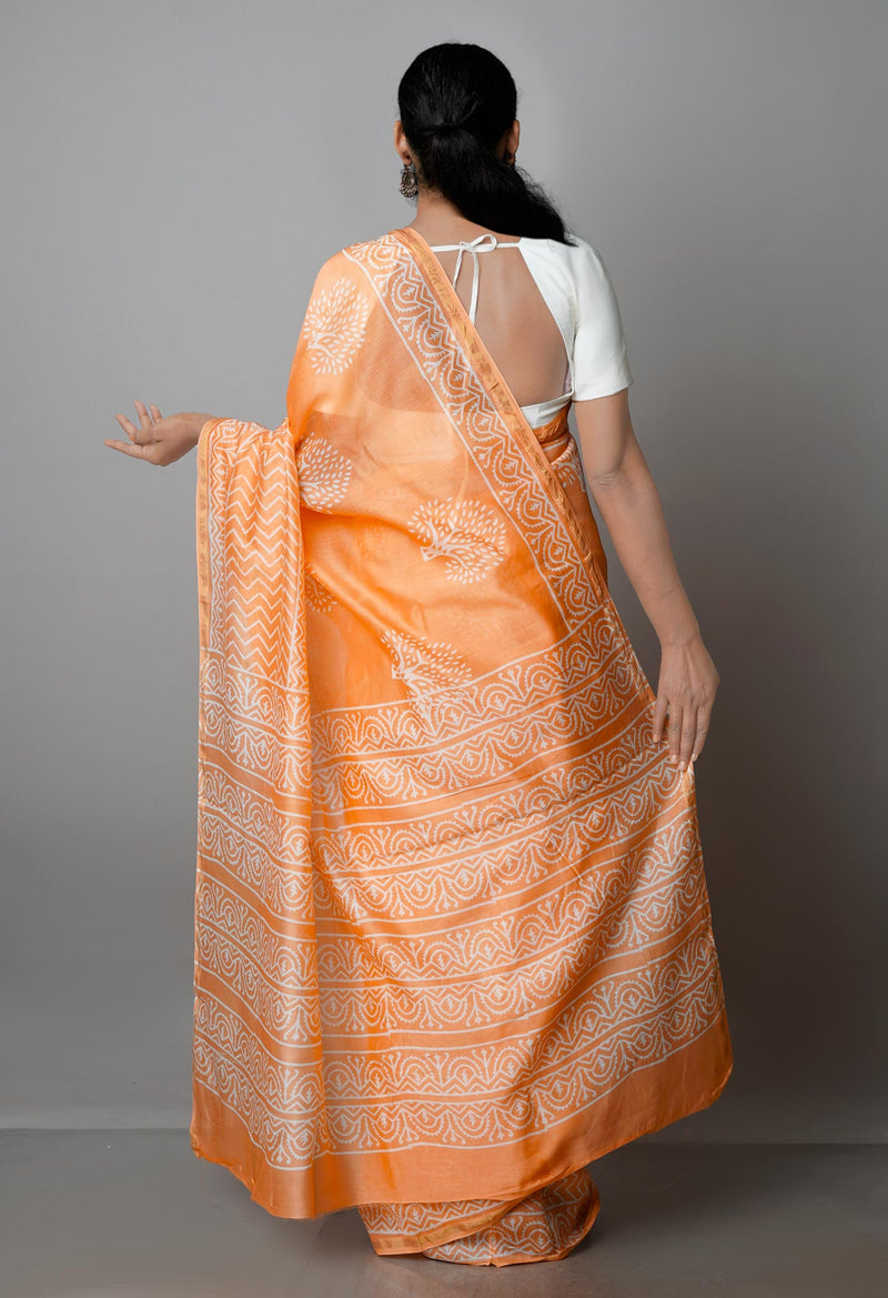 Peach-Orange Pure  Block Printed Chanderi Sico Saree-UNM69988