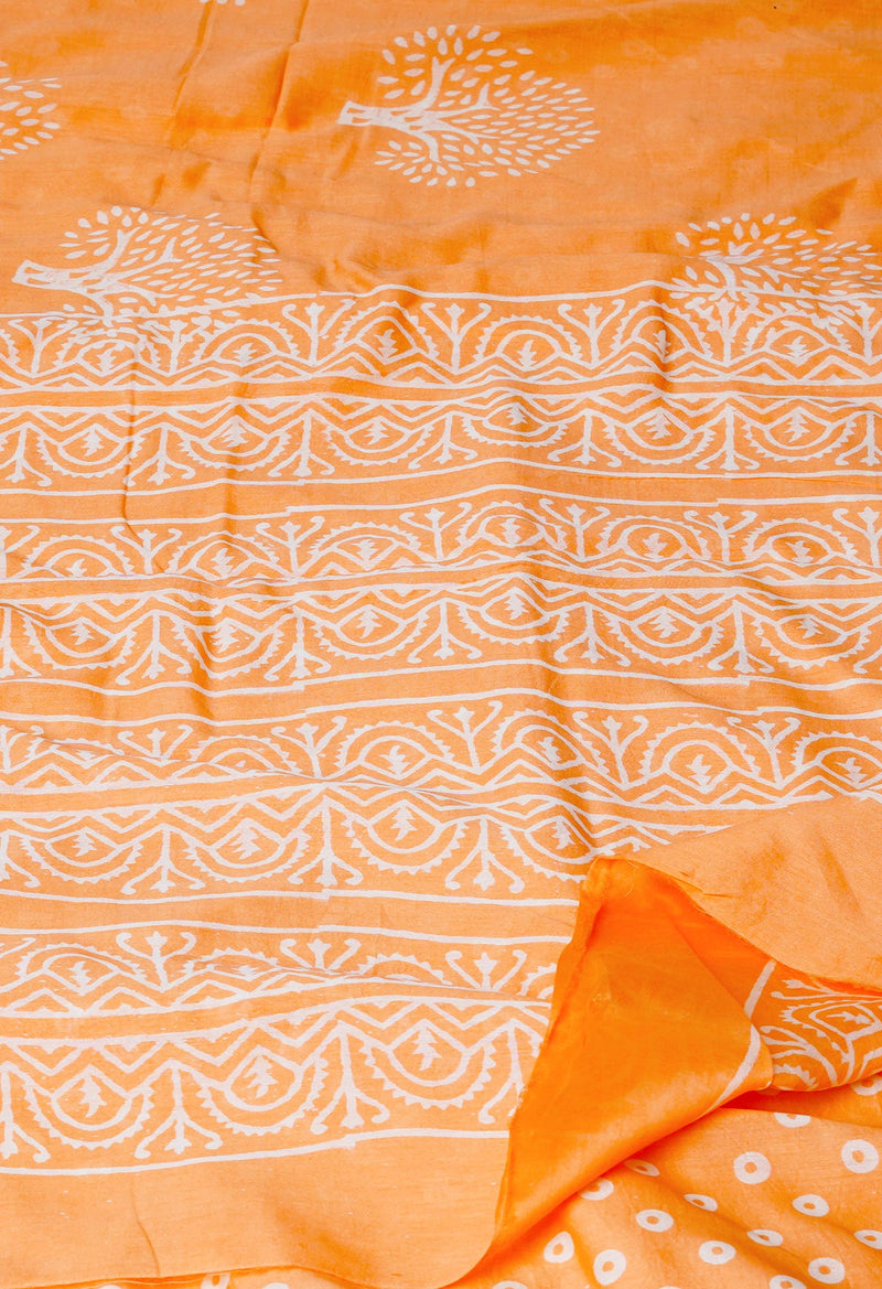 Peach-Orange Pure  Block Printed Chanderi Sico Saree-UNM69988