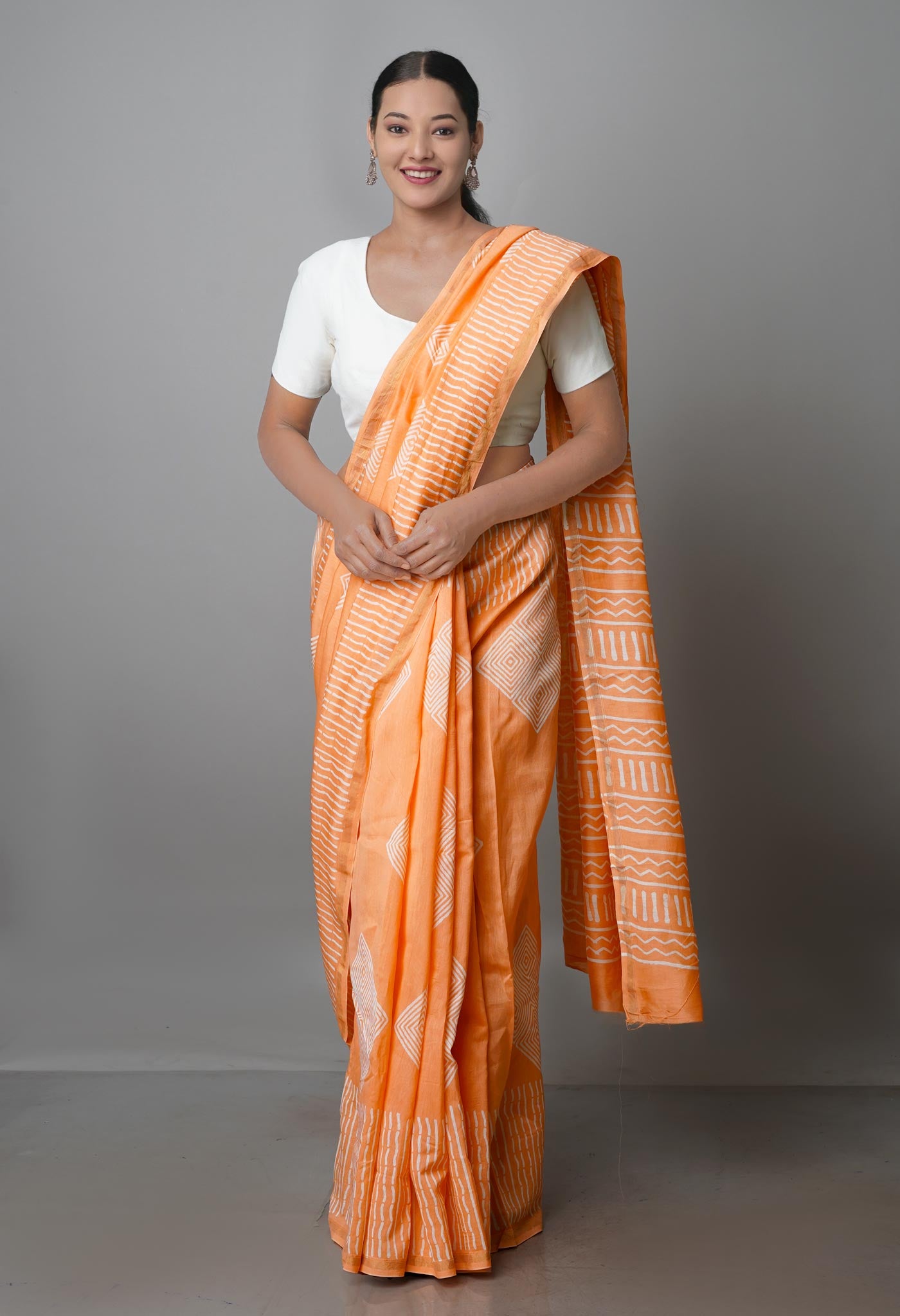 Peach-Orange Pure  Block Printed Chanderi Sico Saree-UNM69989