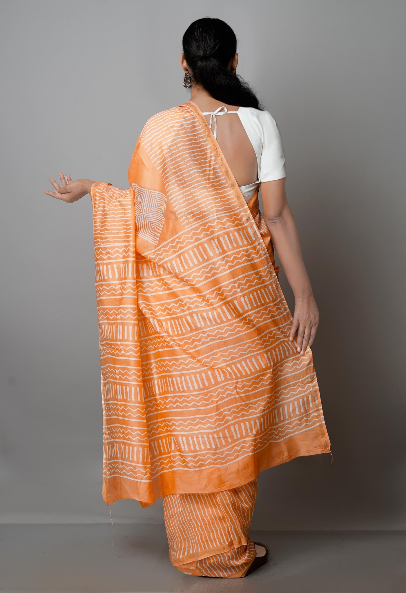 Peach-Orange Pure  Block Printed Chanderi Sico Saree-UNM69989