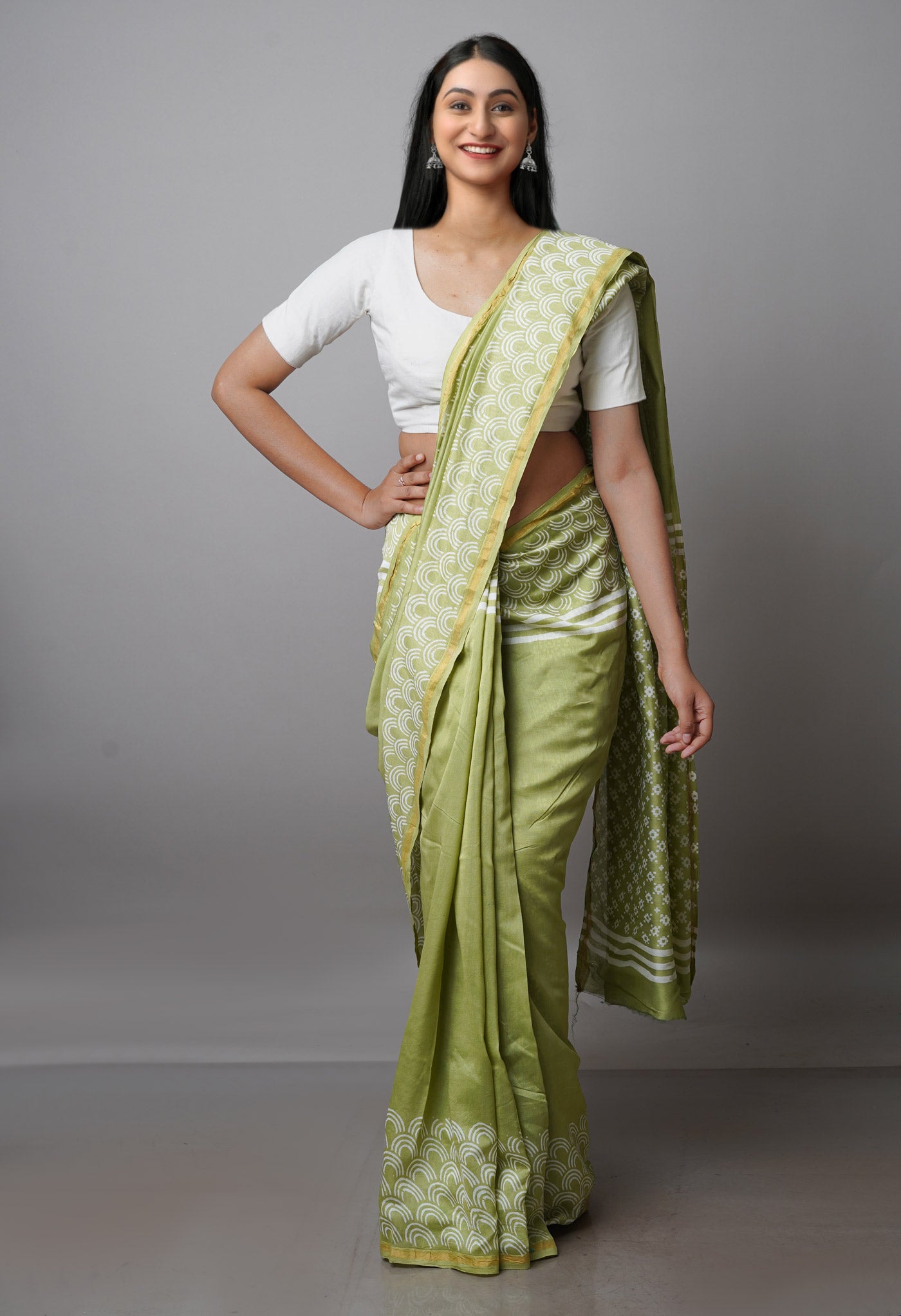 Pale Green Pure  Block Printed Chanderi Sico Saree-UNM69994