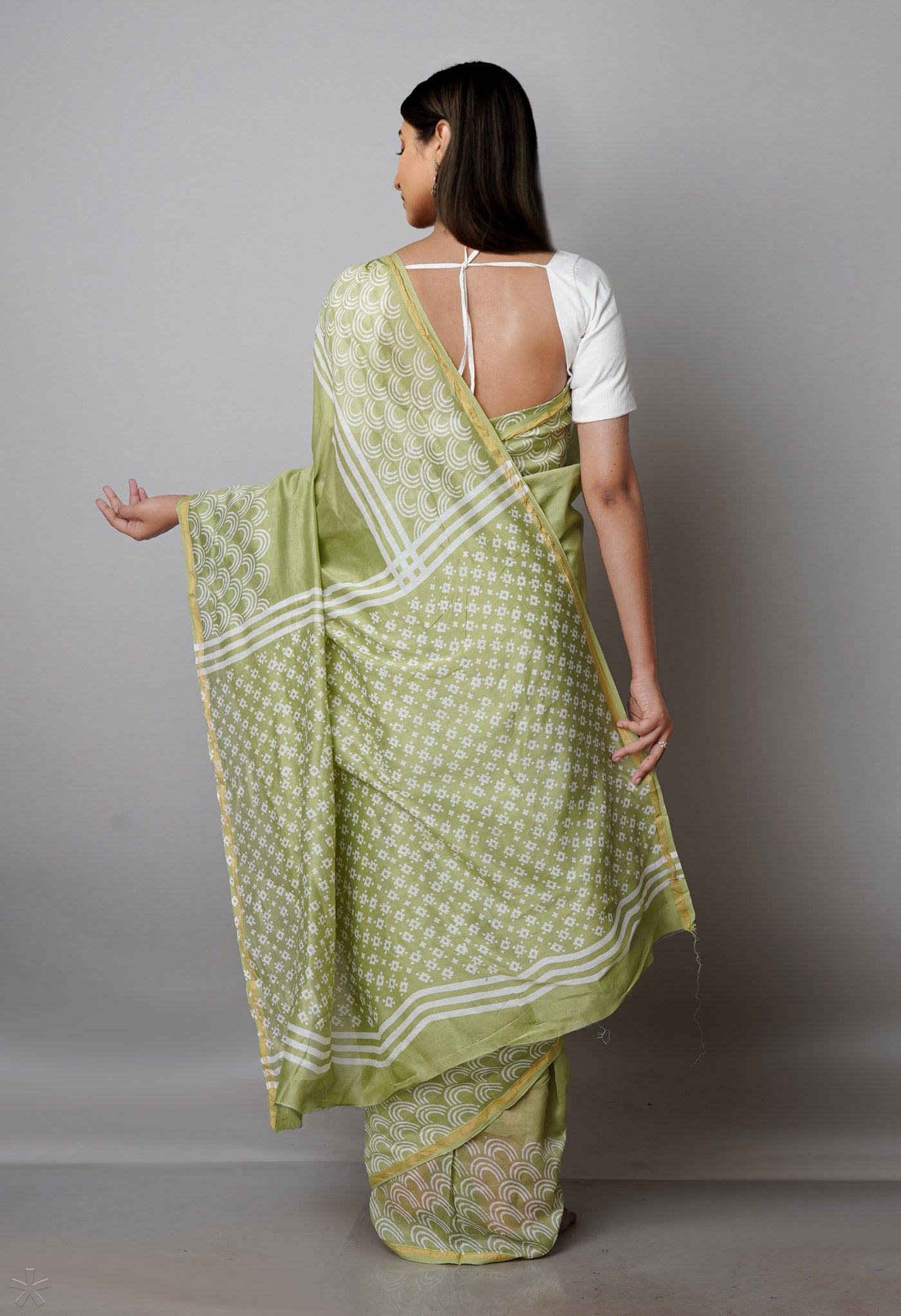 Pale Green Pure  Block Printed Chanderi Sico Saree-UNM69994