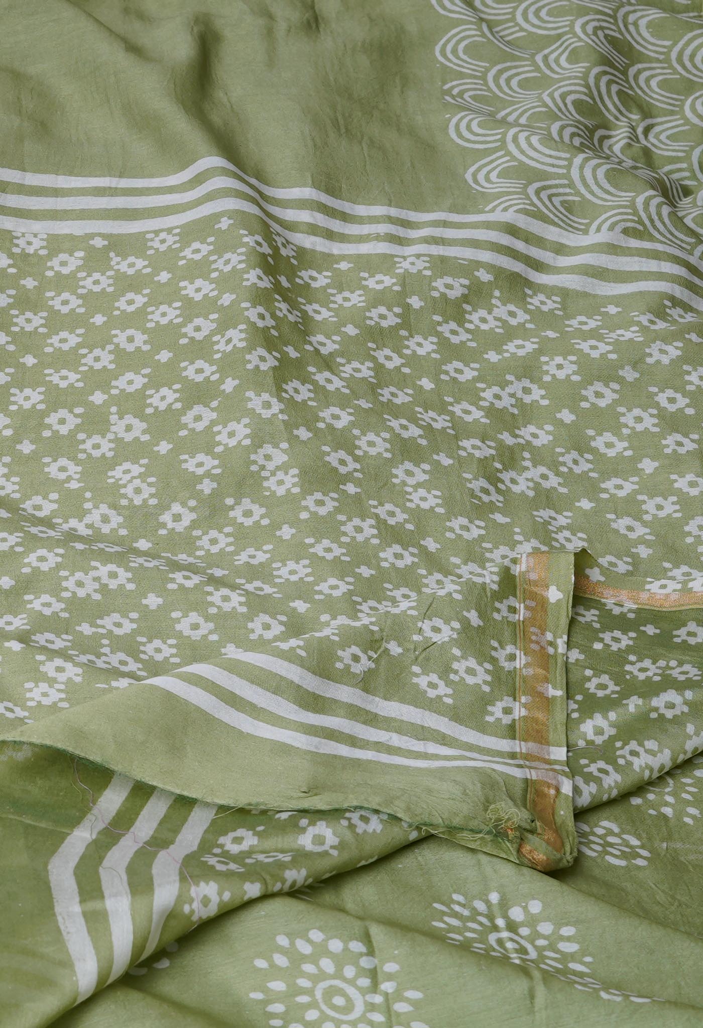 Pale Green Pure  Block Printed Chanderi Sico Saree-UNM69994