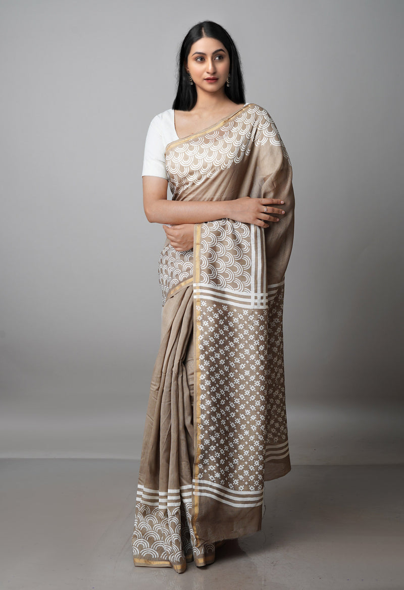 Pale Brown Pure  Block Printed Chanderi Sico Saree-UNM69995