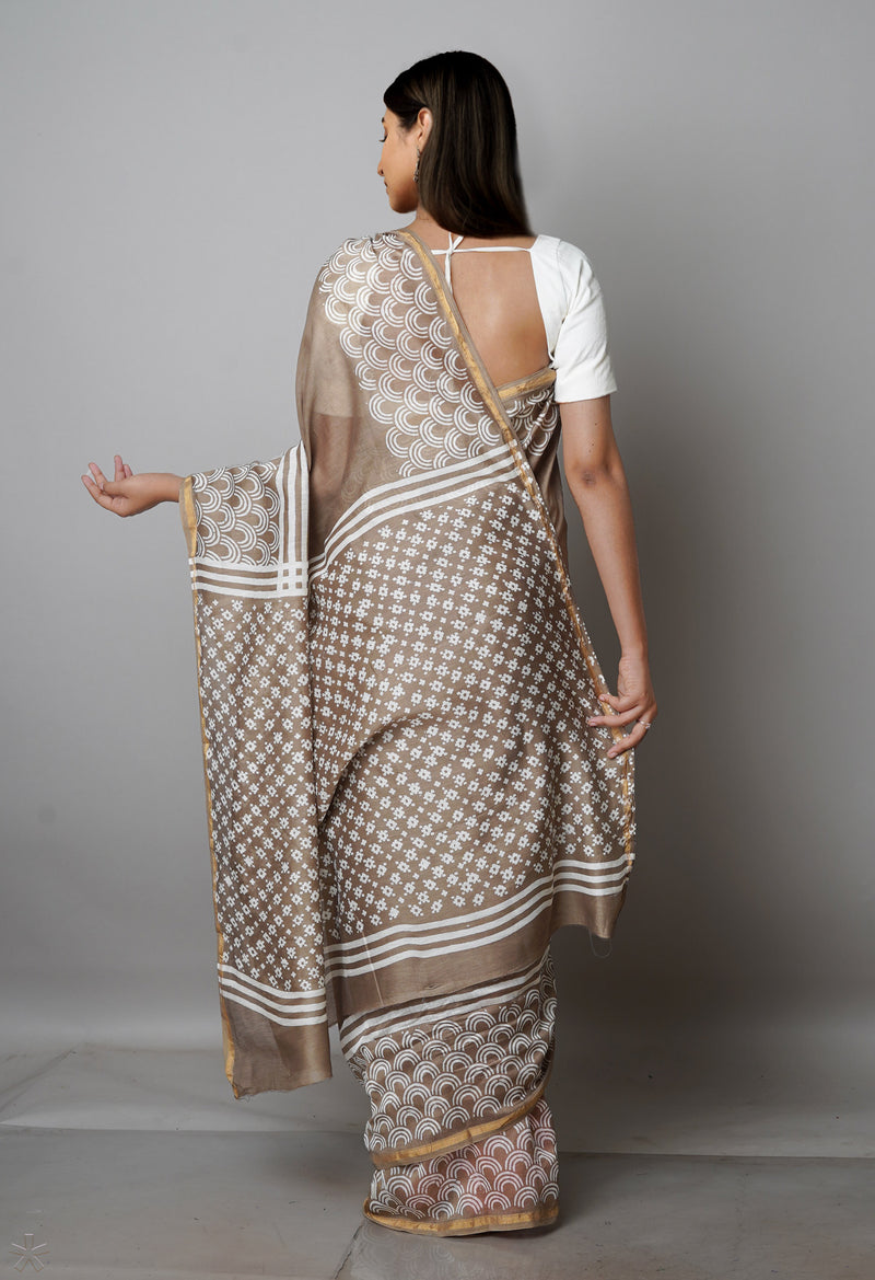 Pale Brown Pure  Block Printed Chanderi Sico Saree-UNM69995