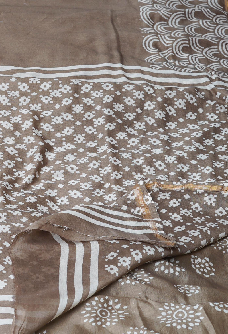 Pale Brown Pure  Block Printed Chanderi Sico Saree-UNM69995