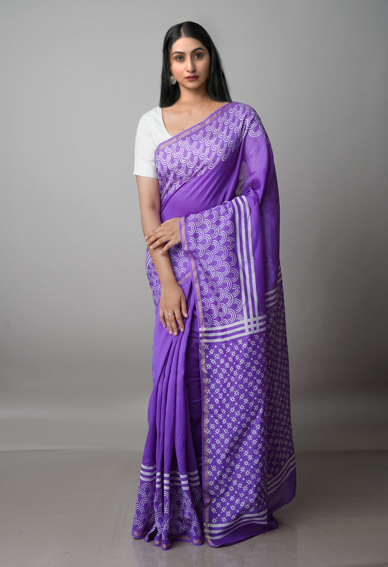 Violet Pure  Block Printed Chanderi Sico Saree-UNM69998