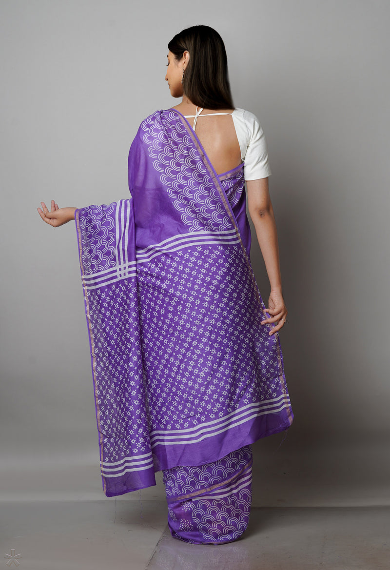 Violet Pure  Block Printed Chanderi Sico Saree-UNM69998
