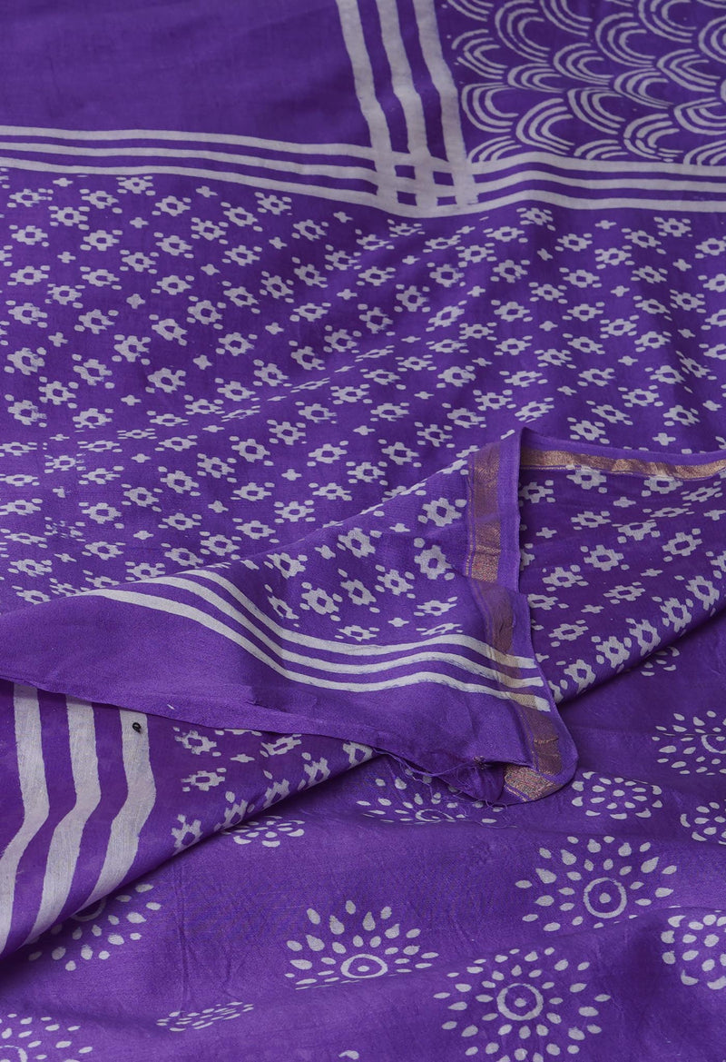 Violet Pure  Block Printed Chanderi Sico Saree-UNM69998