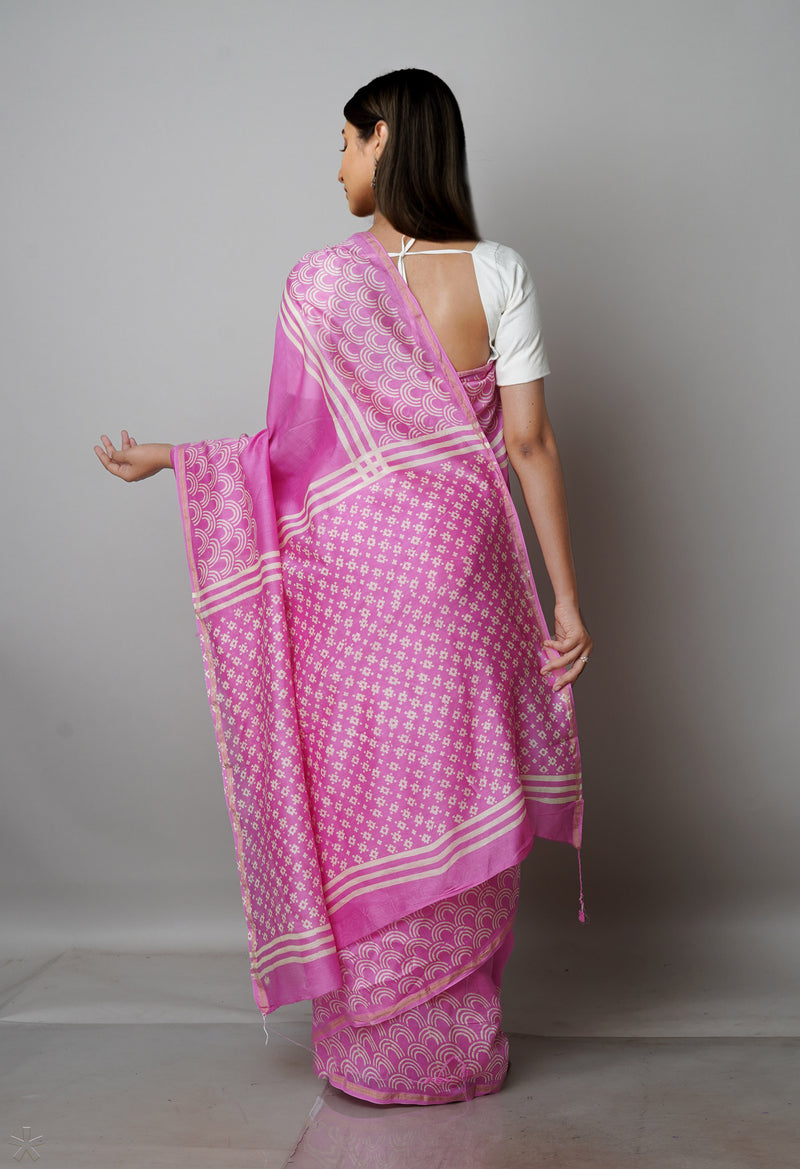 Pink Pure  Block Printed Chanderi Sico Saree-UNM70000