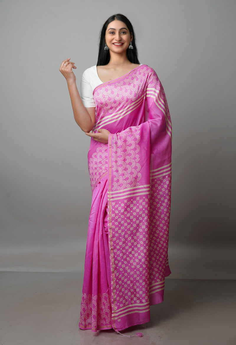 Pink Pure  Block Printed Chanderi Sico Saree-UNM70000