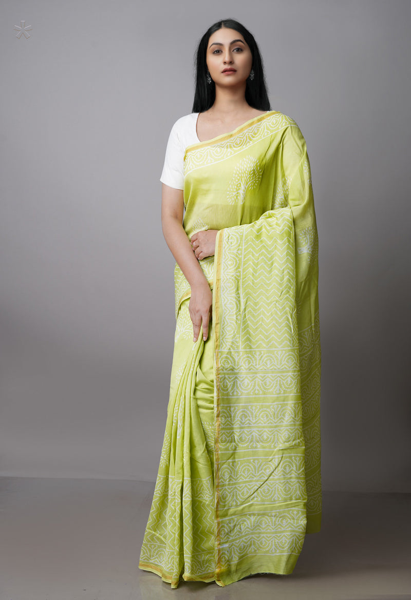 Light Green Pure  Block Printed Chanderi Sico Saree-UNM70001