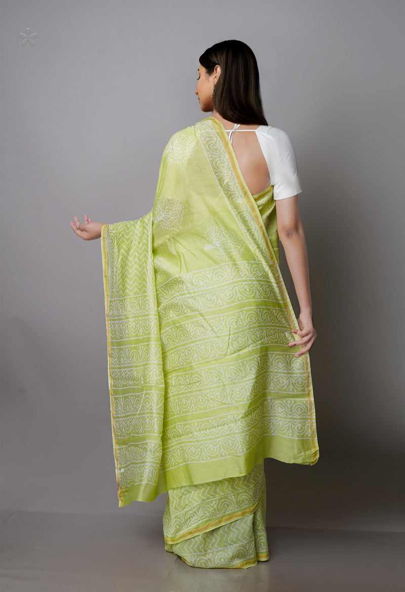 Light Green Pure  Block Printed Chanderi Sico Saree-UNM70001