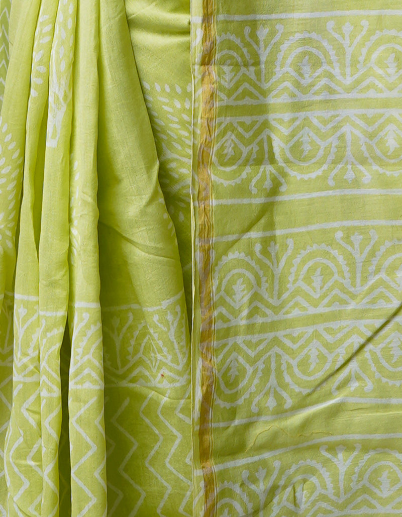 Light Green Pure  Block Printed Chanderi Sico Saree-UNM70001