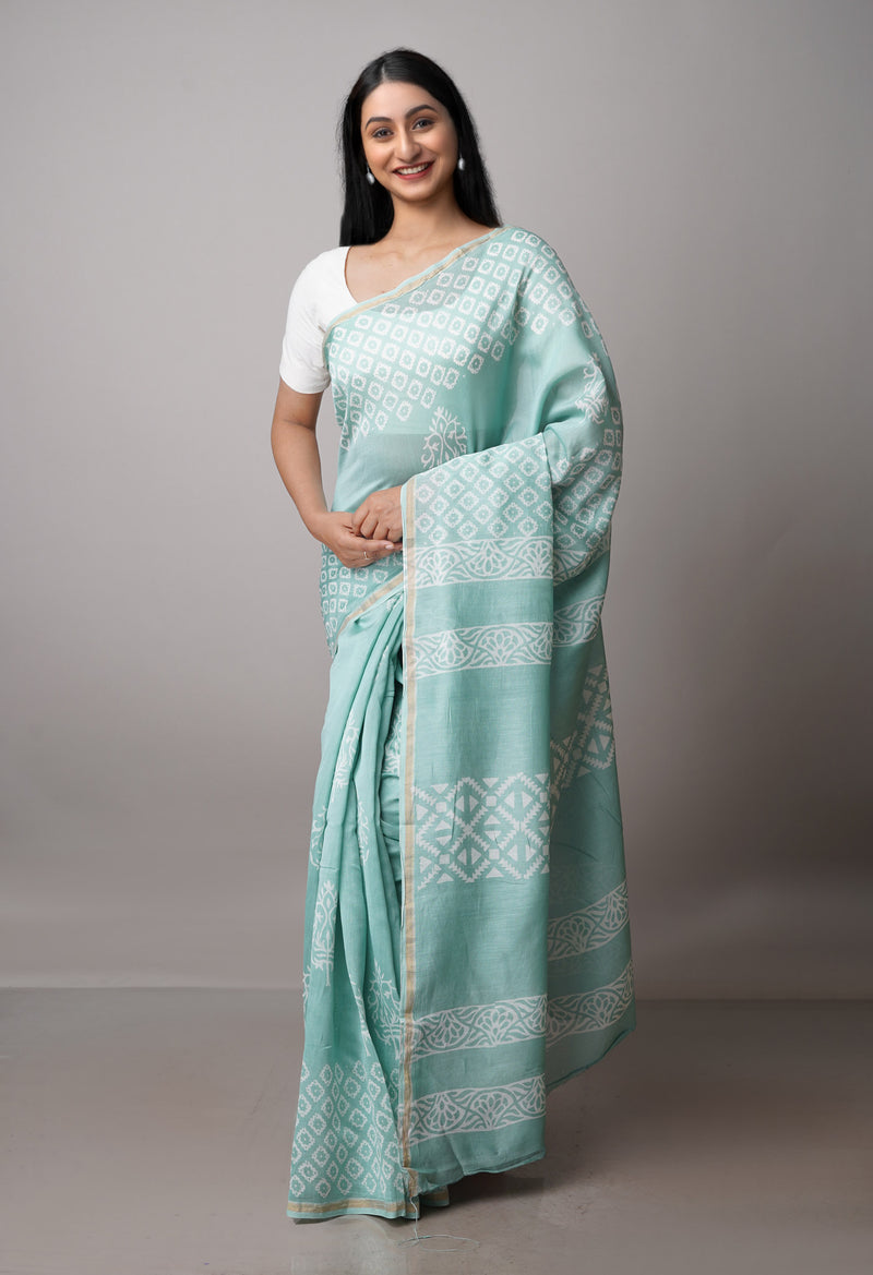 Turquoise Blue Pure  Block Printed Chanderi Sico Saree-UNM70002