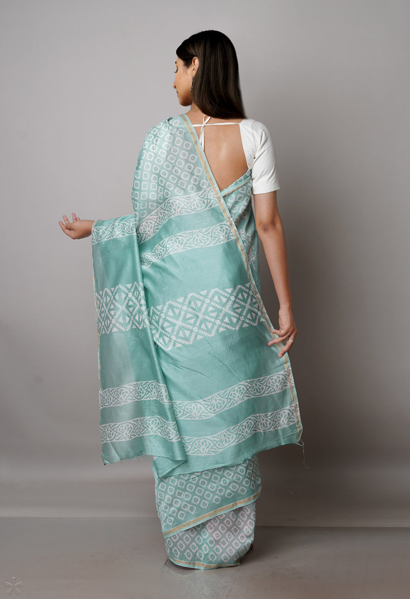 Turquoise Blue Pure  Block Printed Chanderi Sico Saree-UNM70002