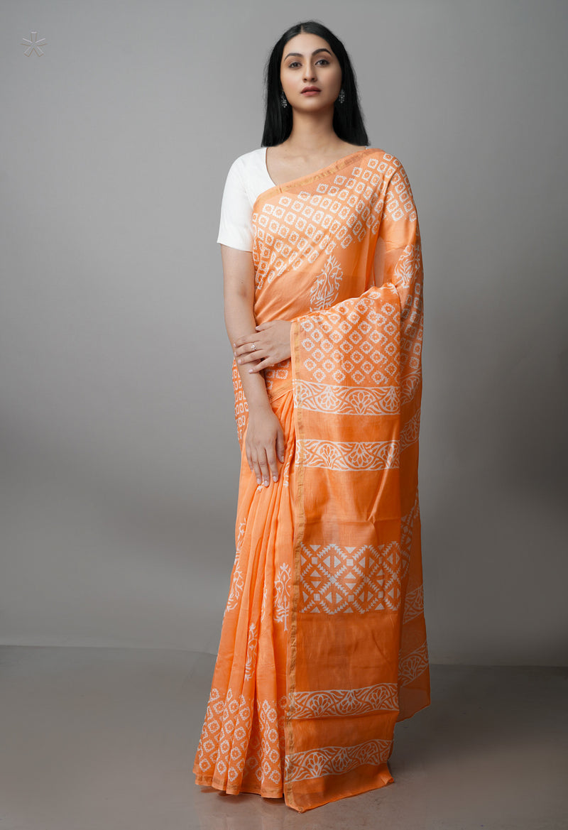 Peach-Orange Pure  Block Printed Chanderi Sico Saree-UNM70003