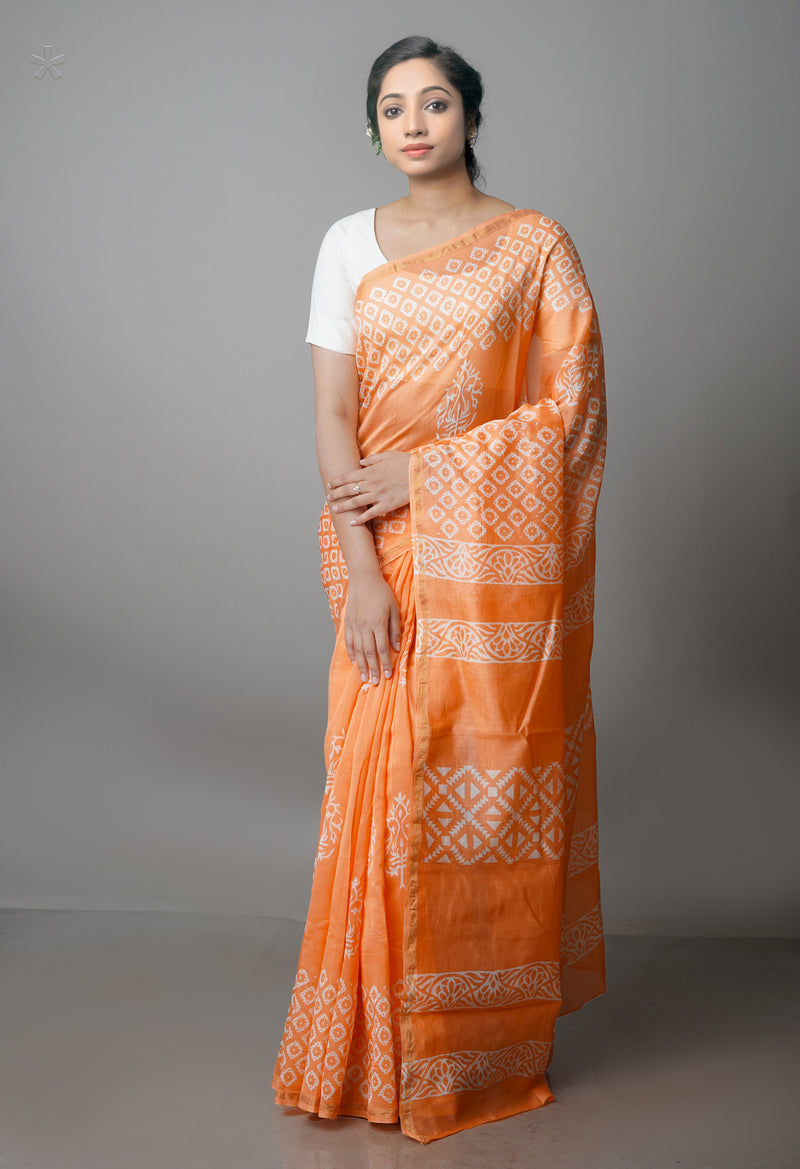 Peach-Orange Pure  Block Printed Chanderi Sico Saree-UNM70003