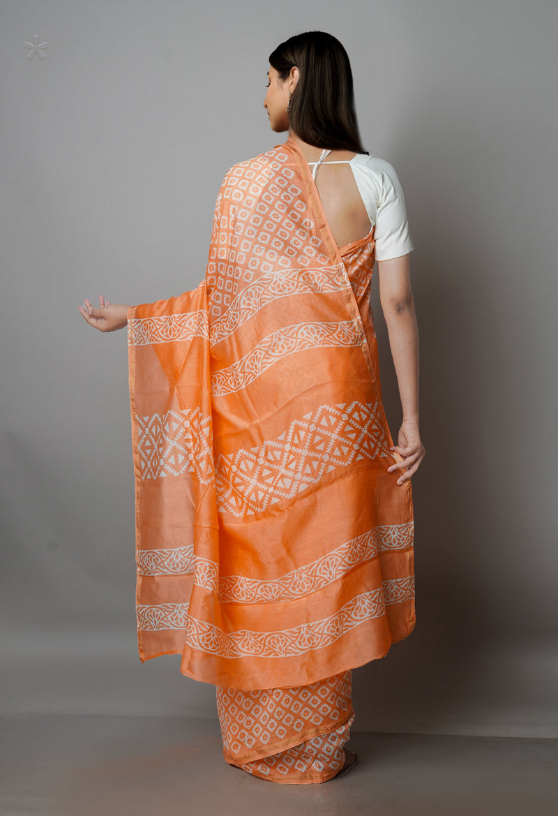 Peach-Orange Pure  Block Printed Chanderi Sico Saree-UNM70003