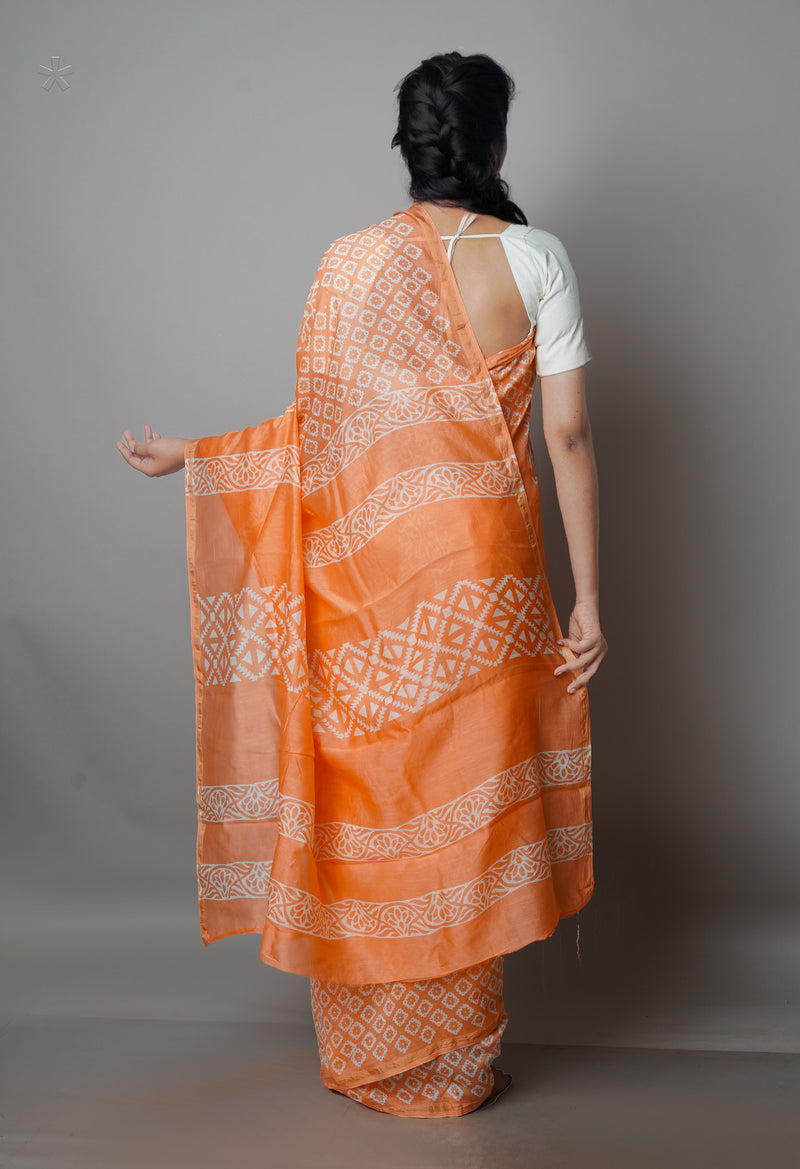 Peach-Orange Pure  Block Printed Chanderi Sico Saree-UNM70003