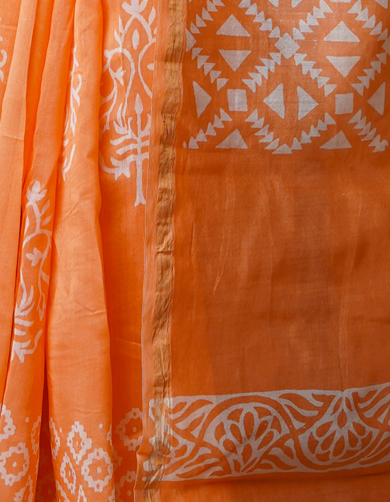 Peach-Orange Pure  Block Printed Chanderi Sico Saree-UNM70003