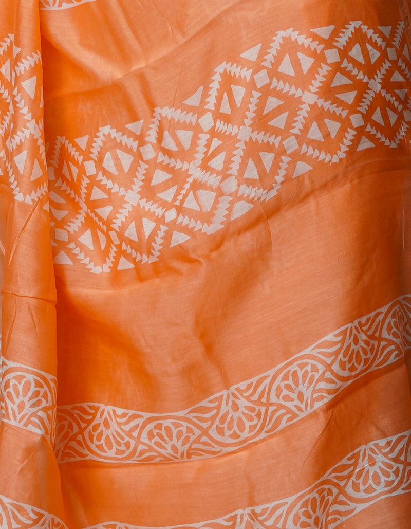 Peach-Orange Pure  Block Printed Chanderi Sico Saree-UNM70003