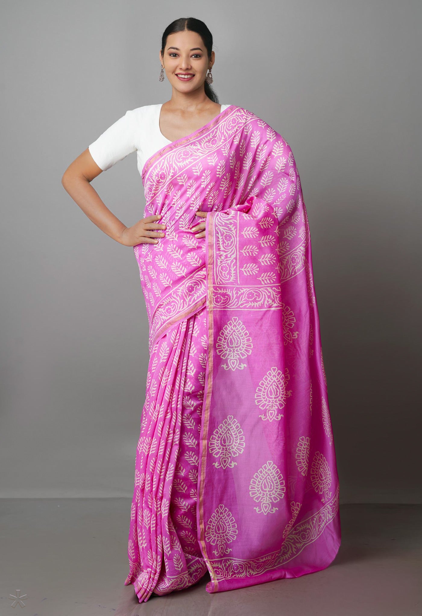Pink Pure  Block Printed Chanderi Sico Saree-UNM70005