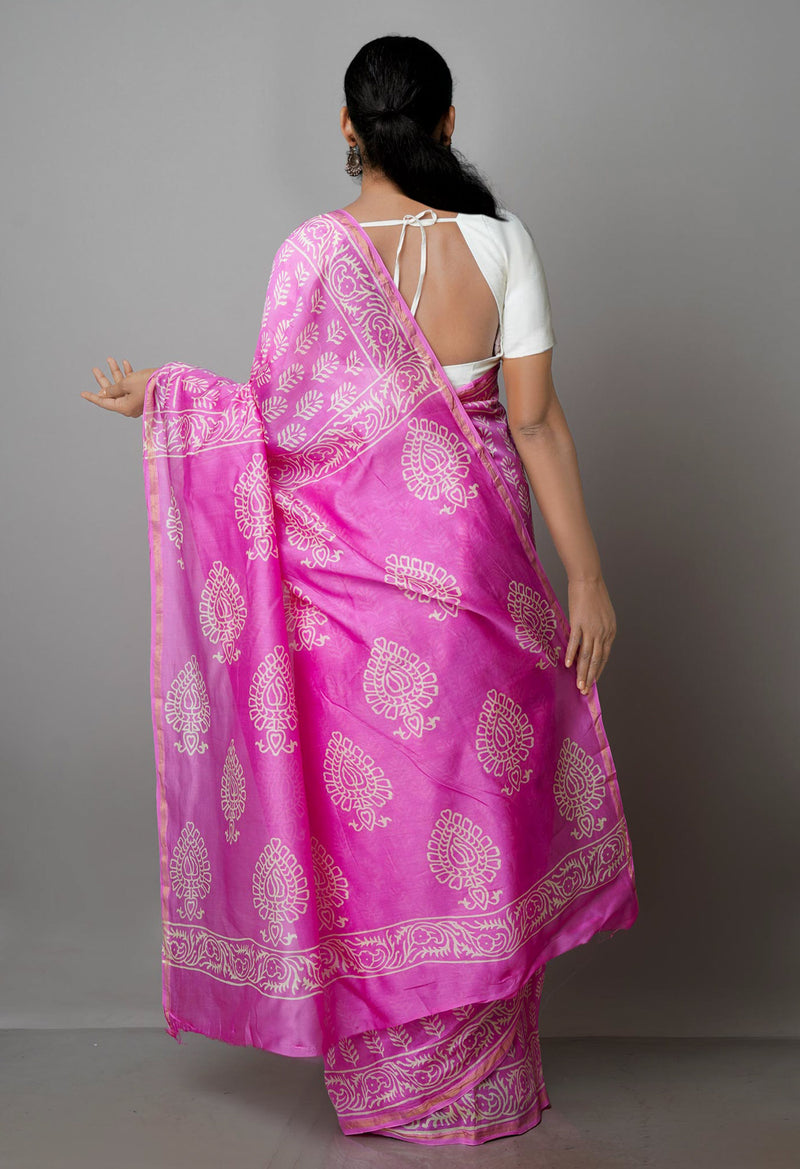 Pink Pure  Block Printed Chanderi Sico Saree-UNM70005