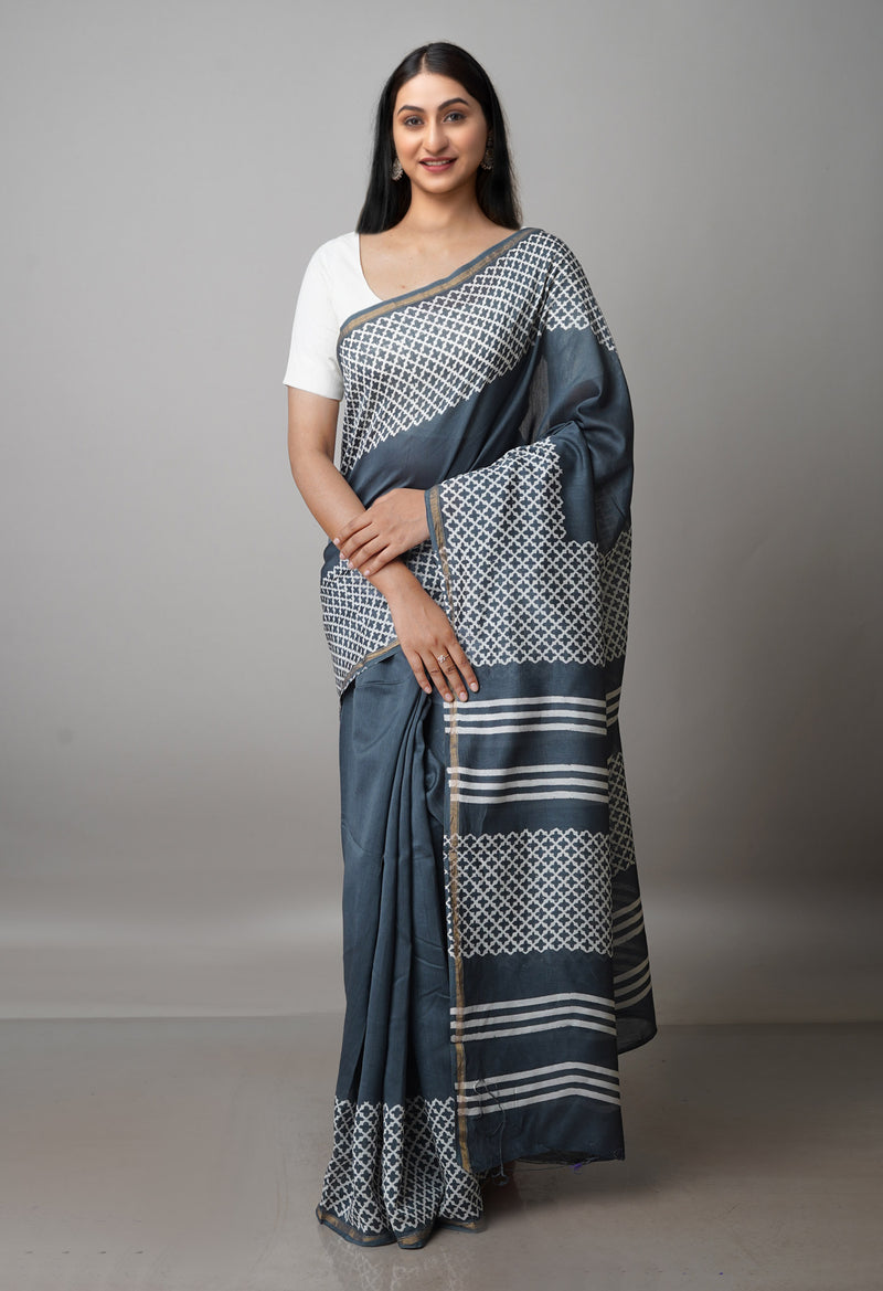 Slate Grey Pure  Block Printed Chanderi Sico Saree-UNM70008