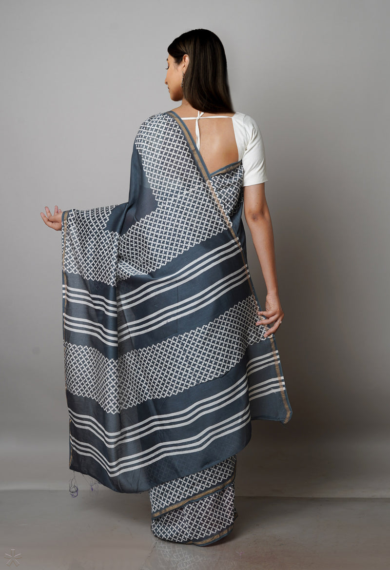 Slate Grey Pure  Block Printed Chanderi Sico Saree-UNM70008