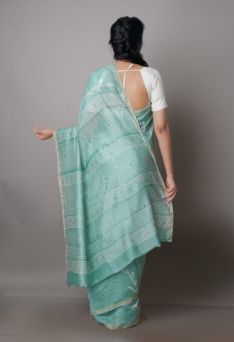 Turquoise Blue Pure  Block Printed Chanderi Sico Saree-UNM70012