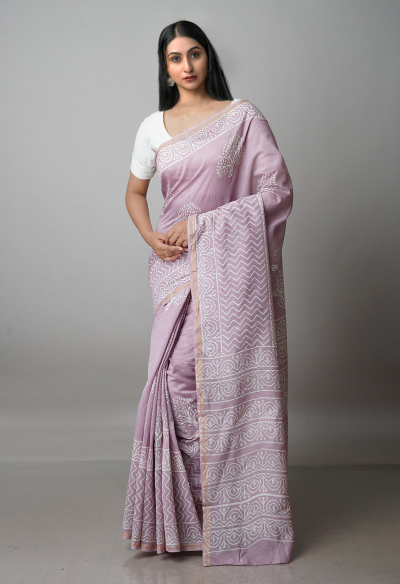 Pale Pink Pure  Block Printed Chanderi Sico Saree-UNM70011