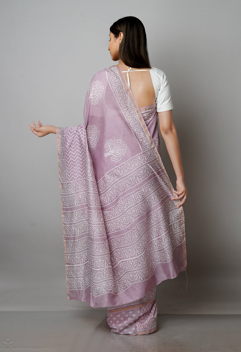 Pale Pink Pure  Block Printed Chanderi Sico Saree-UNM70011