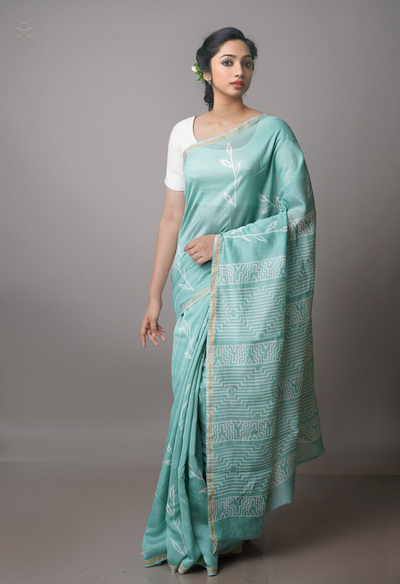 Turquoise Blue Pure  Block Printed Chanderi Sico Saree-UNM70012