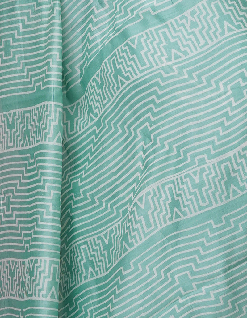 Turquoise Blue Pure  Block Printed Chanderi Sico Saree-UNM70012