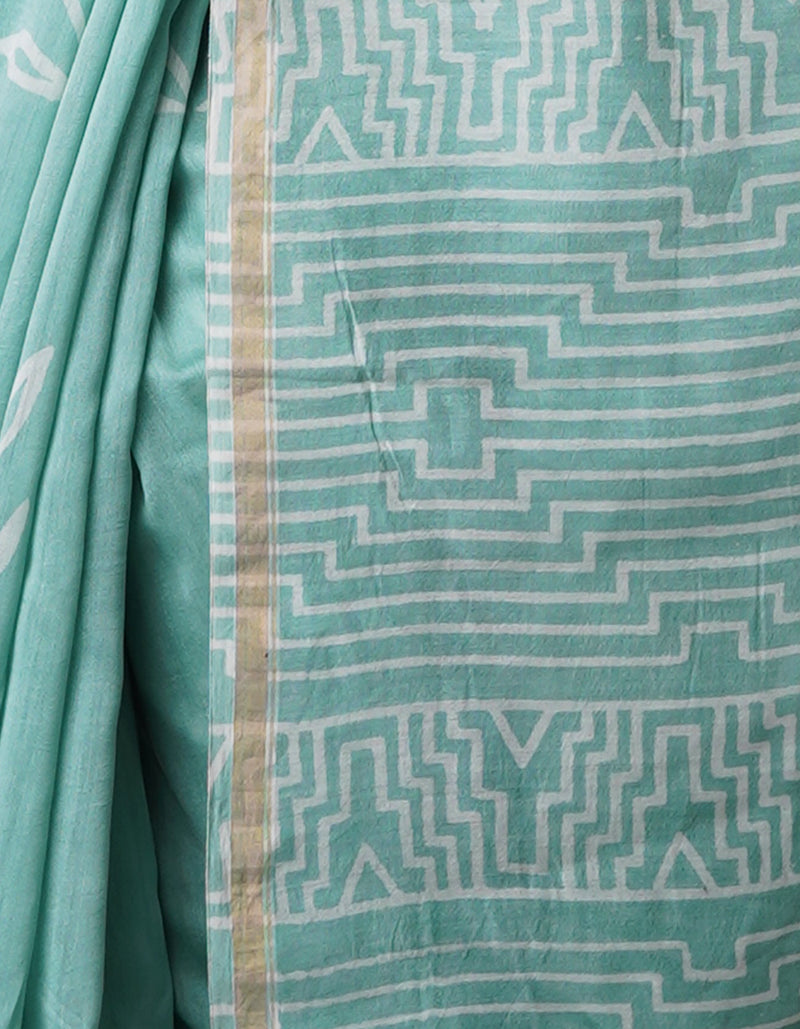Turquoise Blue Pure  Block Printed Chanderi Sico Saree-UNM70012