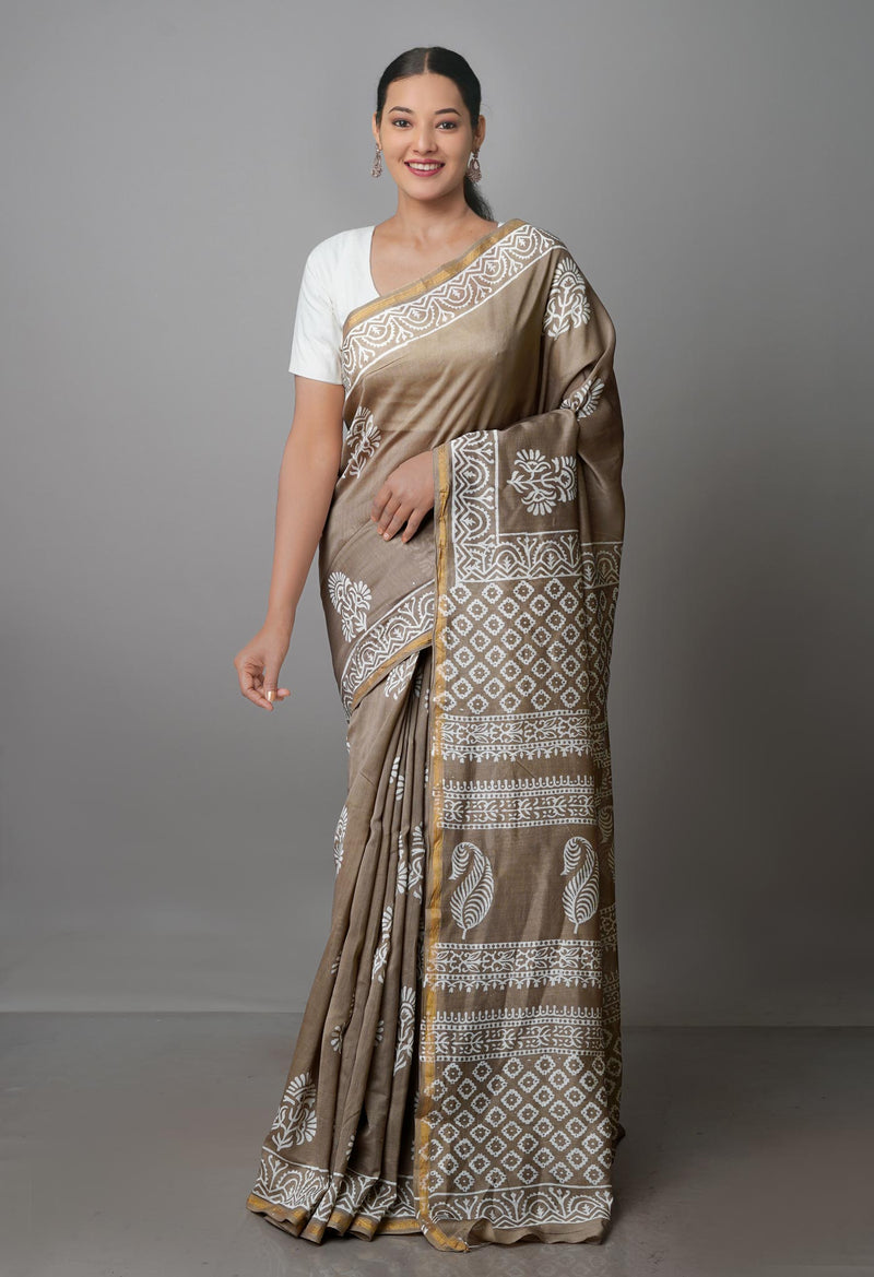Pale Brown Pure  Block Printed Chanderi Sico Saree-UNM70014