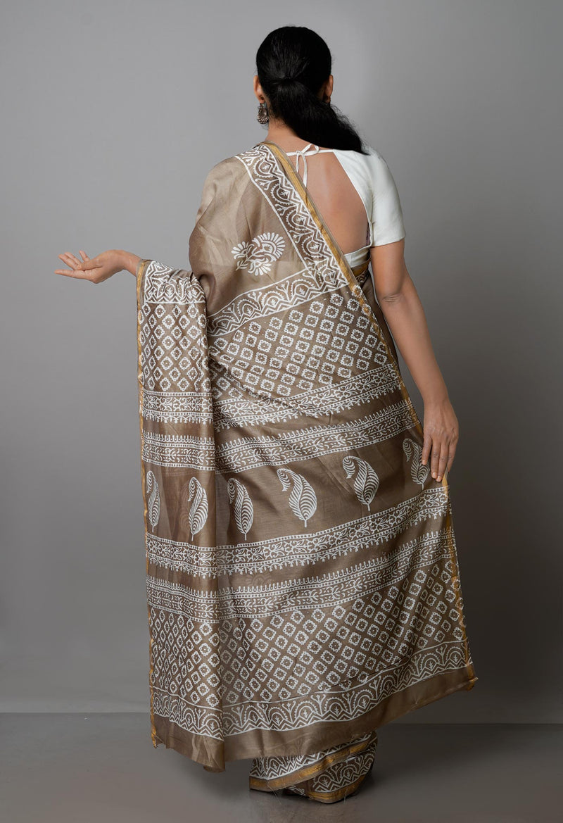 Pale Brown Pure  Block Printed Chanderi Sico Saree-UNM70014