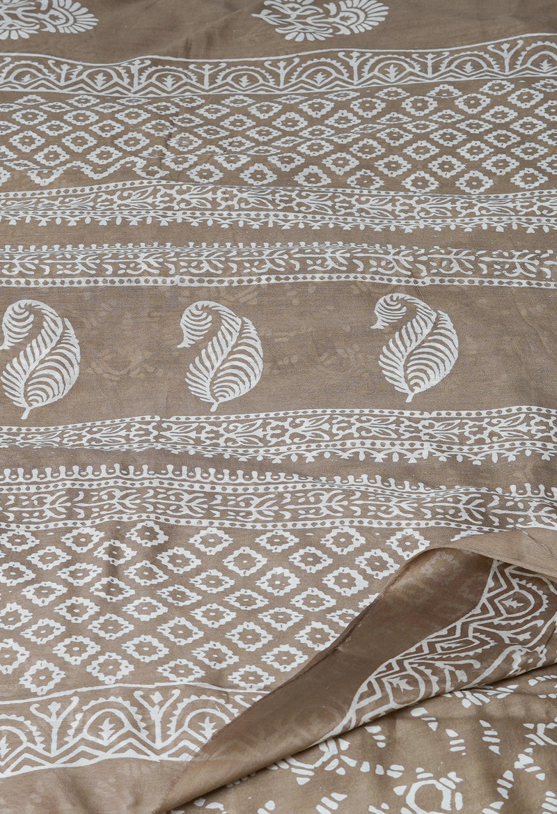 Pale Brown Pure  Block Printed Chanderi Sico Saree-UNM70014